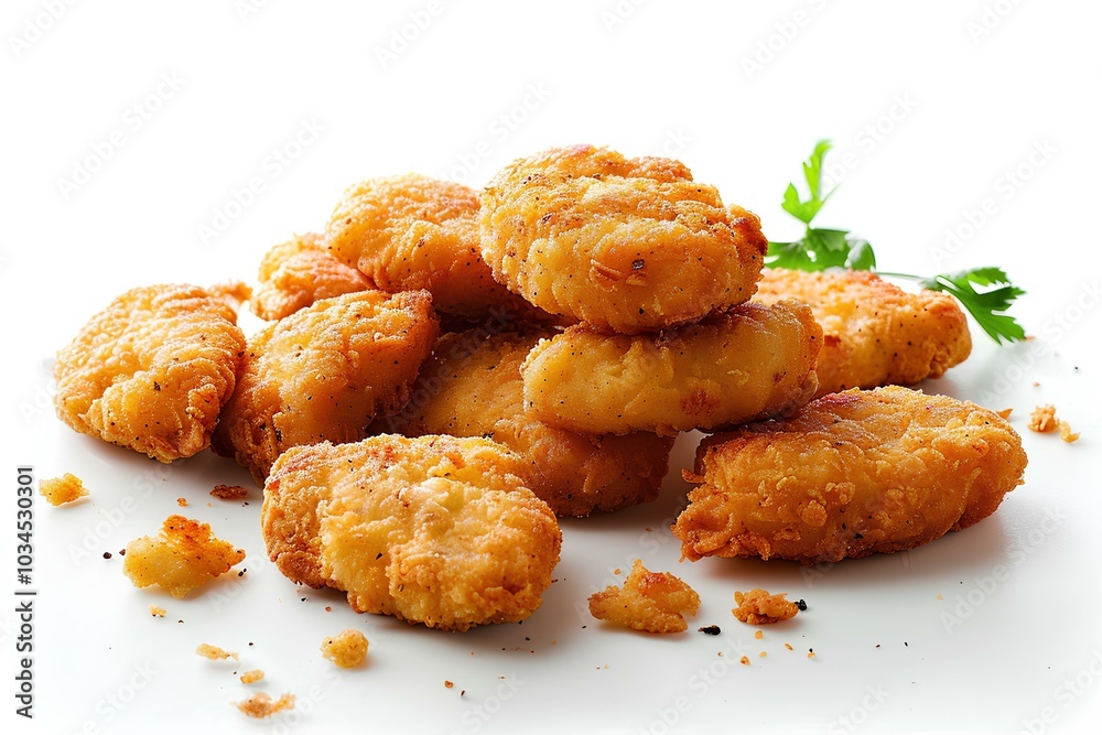 A pile of fried chicken nuggies with a sprig of parsley A pile of fried chicken nuggies with a sprig of parsley