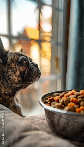 Capture a close-up of a dog gazing intently at a bowl filled with pet food, set a modern apartment