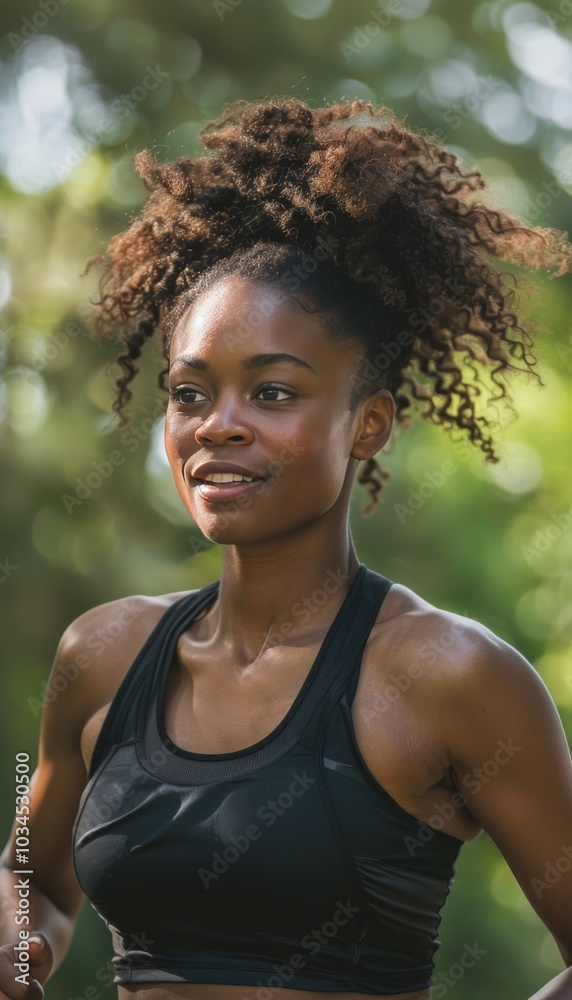 Capture a close-up of an African American woman jogging in park on a sunny summer day