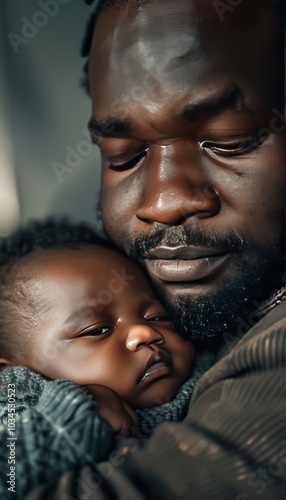 Capture a close-up of an African father cradling his baby in his arms inside apartment, showcasing