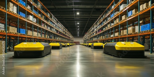 Warehouse with smart shelves, automated inventory management, and high-tech sorting robots for rapid order fulfillment