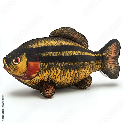 A plush toy fish with black stripes and a yellow and red body.