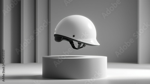 A white safety helmet is levitating above a circular pedestal in a modern, minimalistic setting, demonstrating a clean and professional product display. photo