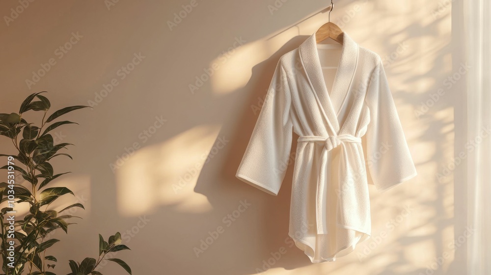 A soft white robe hangs elegantly against a warm-toned wall, captured in natural light with a touch of greenery nearby. Perfect for a cozy home atmosphere. A soft white robe hangs elegantly against a warm-toned wall, captured in natural light with a touch of greenery nearby. Perfect for a cozy home atmosphere.