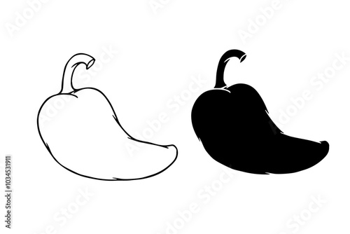 Set of line sketches, silhouettes, stamps of sweet pepper fruits. Vector graphics.