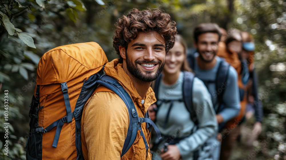 A group of enthusiastic hikers enjoys their trek through a vibrant forest, smiling and connecting with nature on a warm afternoon A group of enthusiastic hikers enjoys their trek through a vibrant forest, smiling and connecting with nature on a warm afternoon