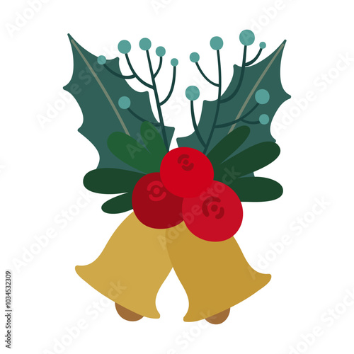 Christmas bouquet with holly leaf, berries and golden bells. Holiday flat vector illustration.