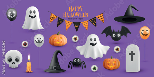 3D Halloween Cartoon Icons Set. Spooky, Cute, Fun Halloween Illustrations for Festive Decorations. Trick or Treat, Haunted Concept. Halloween Cartoon Graphics, Design Template Collection
