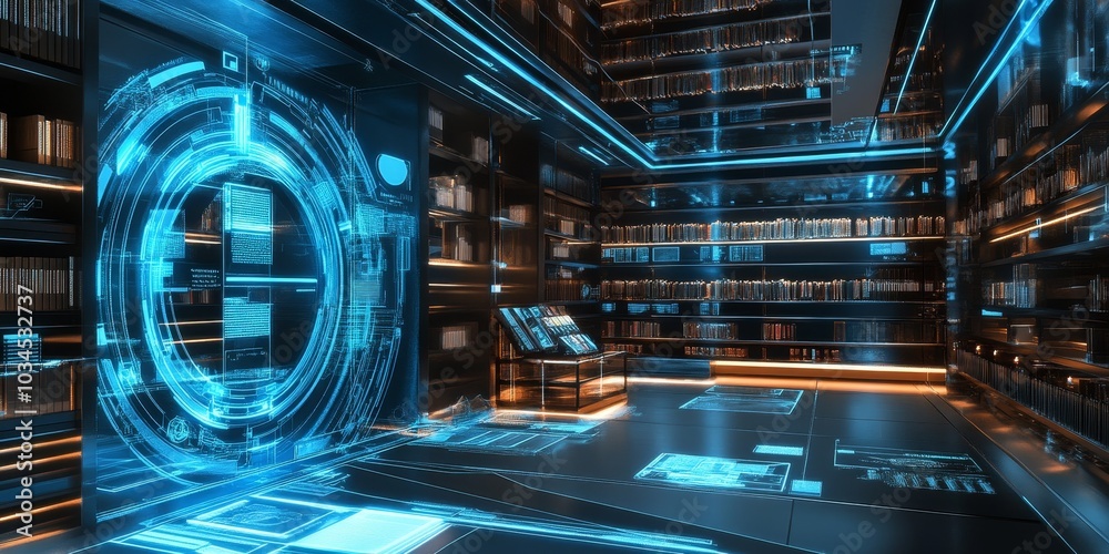 Obraz premium Virtual library with a futuristic holographic theme, floating digital book icons, interactive hologram displays, and sleek, modern design