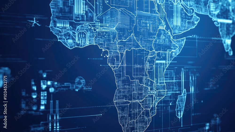 Fototapeta premium Digital map of Africa with blue technological circuits