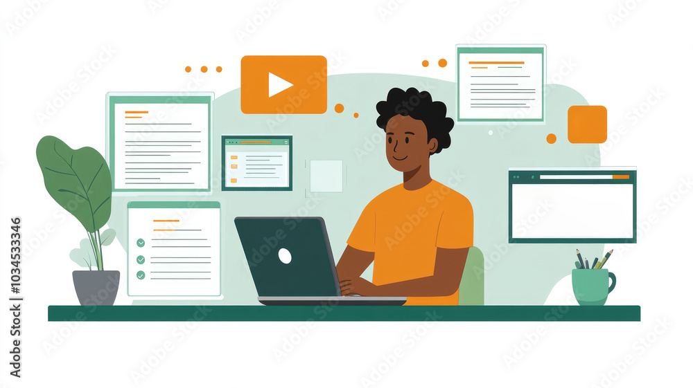 A person in an orange shirt engages with a laptop, surrounded by digital documents, a plant, and various screens displaying notes in a home office A person in an orange shirt engages with a laptop, surrounded by digital documents, a plant, and various screens displaying notes in a home office