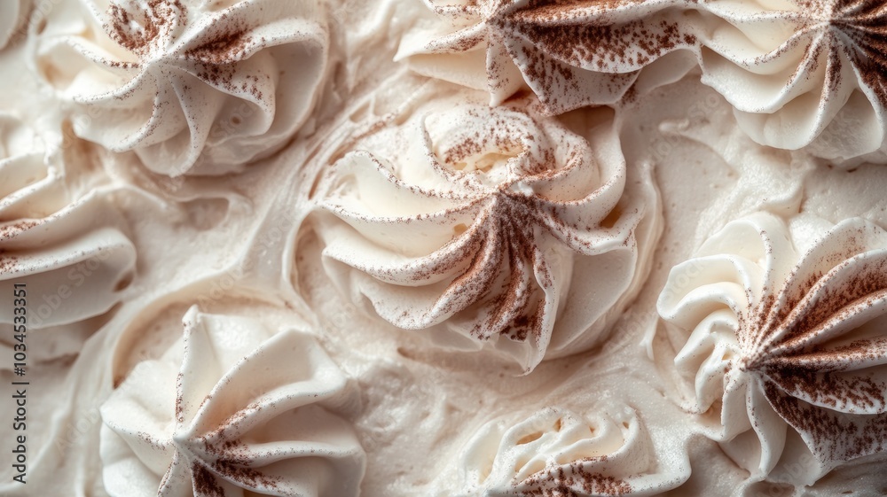 Close-up of meringue swirls dusted with cocoa powder Close-up of meringue swirls dusted with cocoa powder