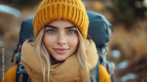 A cheerful young woman showcases her bright blue eyes and warm attire as she enjoys a hike through the autumn landscape surrounded by nature