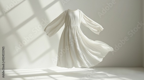 A beautiful white dress with long sleeves is gracefully floating against a neutral background, showcasing its delicate pleats and design.