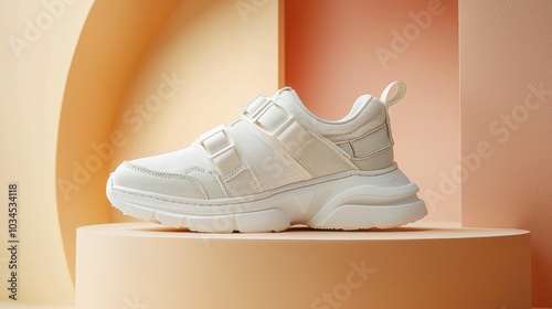 A fashionable white sneaker on a minimalist pedestal, showcasing a modern design against soft pastel backgrounds. The shoe features clean lines and a sporty look.