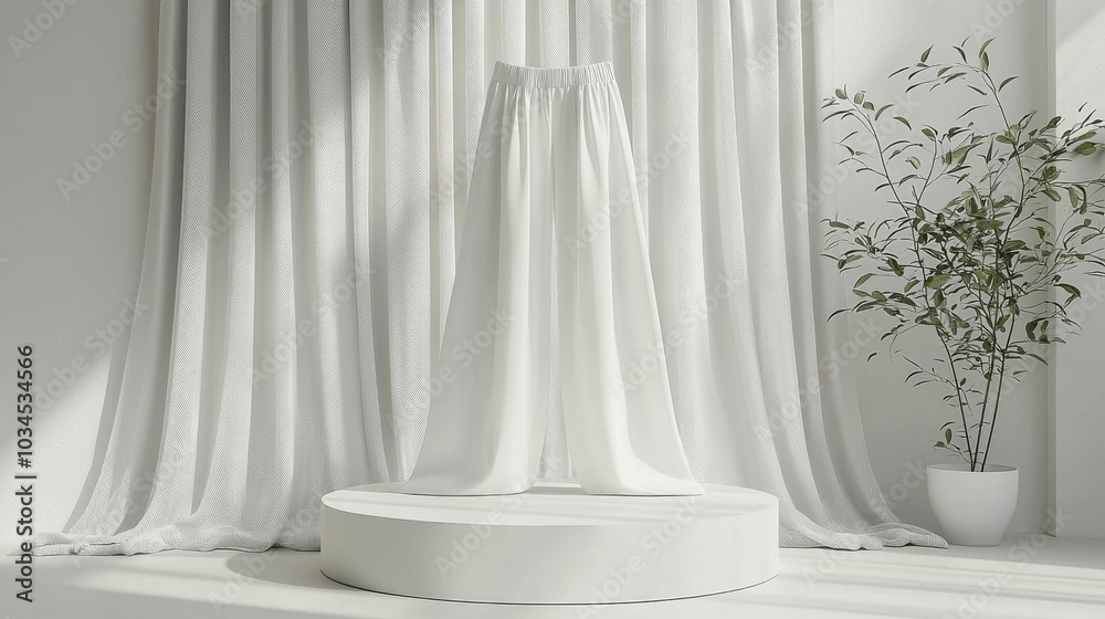 A stylish display of elegant white pants in a modern, minimalist environment featuring soft lighting and greenery. A stylish display of elegant white pants in a modern, minimalist environment featuring soft lighting and greenery.