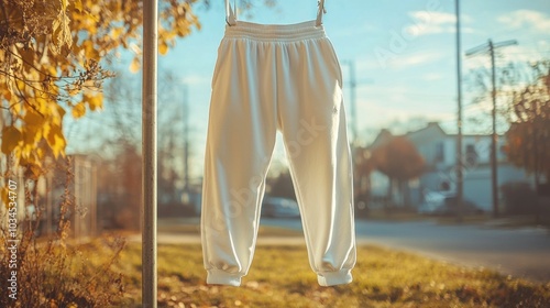 A pair of white casual pants hanging outdoors in the sun with autumn leaves around, highlighting casual fashion in a serene environment.