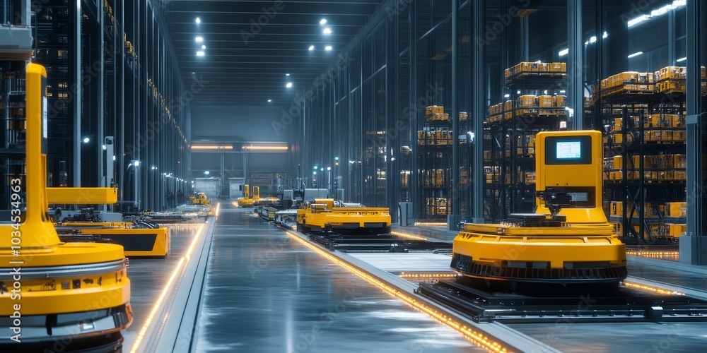 High-efficiency warehouse with robotic sorting lines, automated packaging systems, and advanced inventory tracking High-efficiency warehouse with robotic sorting lines, automated packaging systems, and advanced inventory tracking