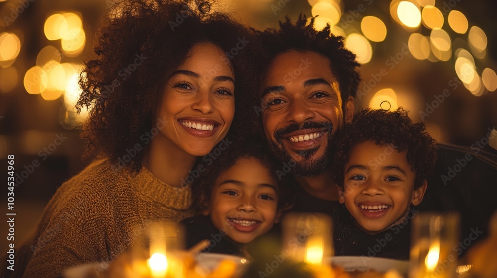 A cheerful family gathers around a table adorned with candles and soft lighting, sharing warm smiles and delicious food in a cozy atmosphere. A cheerful family gathers around a table adorned with candles and soft lighting, sharing warm smiles and delicious food in a cozy atmosphere.
