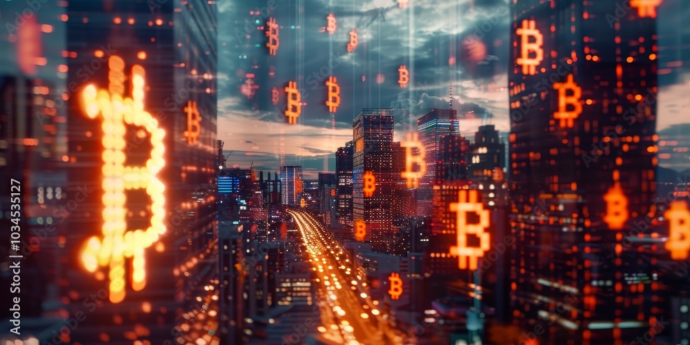 Futuristic financial district with digital currency symbols