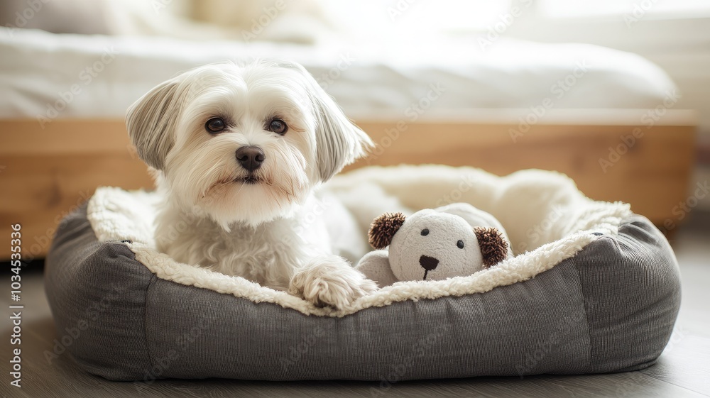 Small white dog on bed with stuffed toy, looking alert and relaxed Small white dog on bed with stuffed toy, looking alert and relaxed