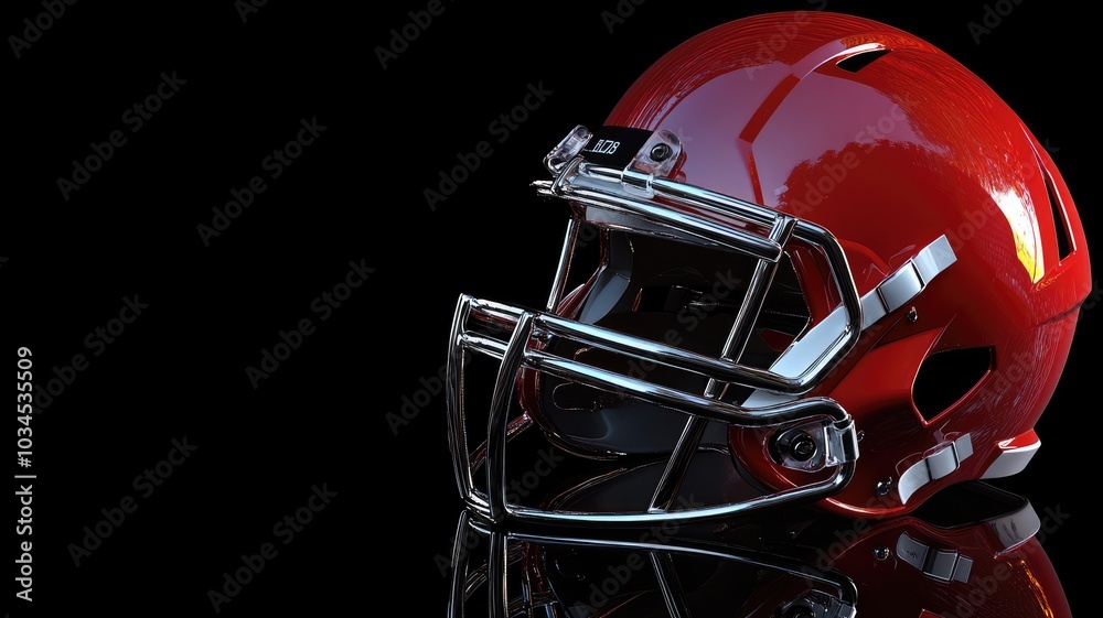 Fototapeta premium Glossy red football helmet with face mask on black background