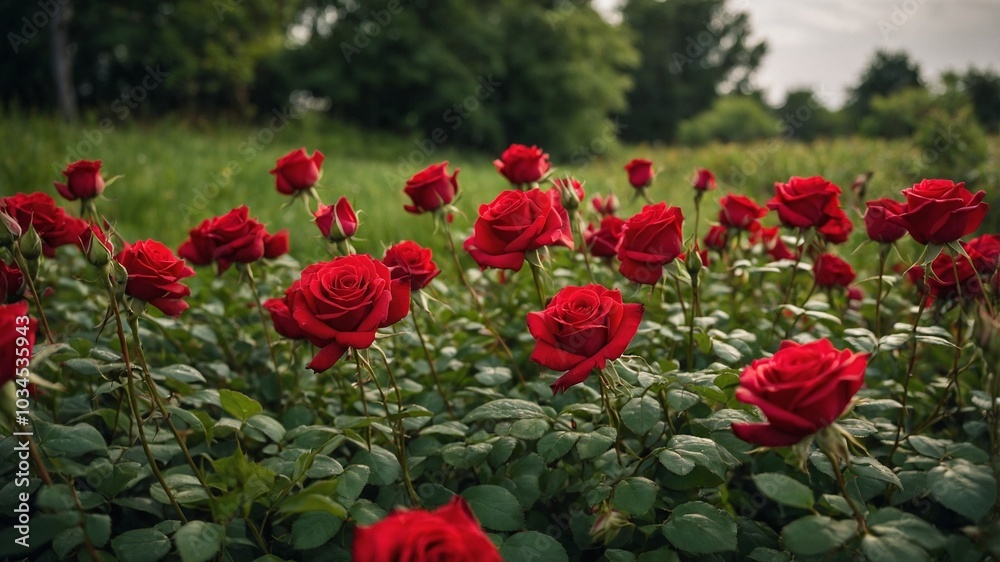 Lush Green Grass Adorned with Red Roses Lush Green Grass Adorned with Red Roses