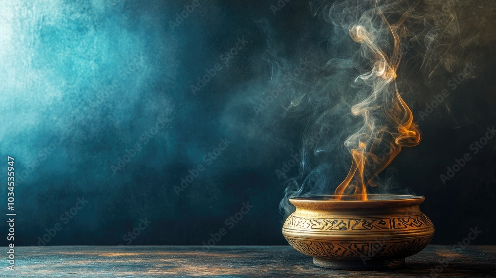 Brass bowl emitting fragrant smoke on dark background Brass bowl emitting fragrant smoke on dark background