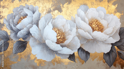 Fototapeta Naklejka Na Ścianę i Meble -  Luxurious white peonies with gold centers and dark leaves, accented by golden leaf background, creating an elegant floral composition. Copy space