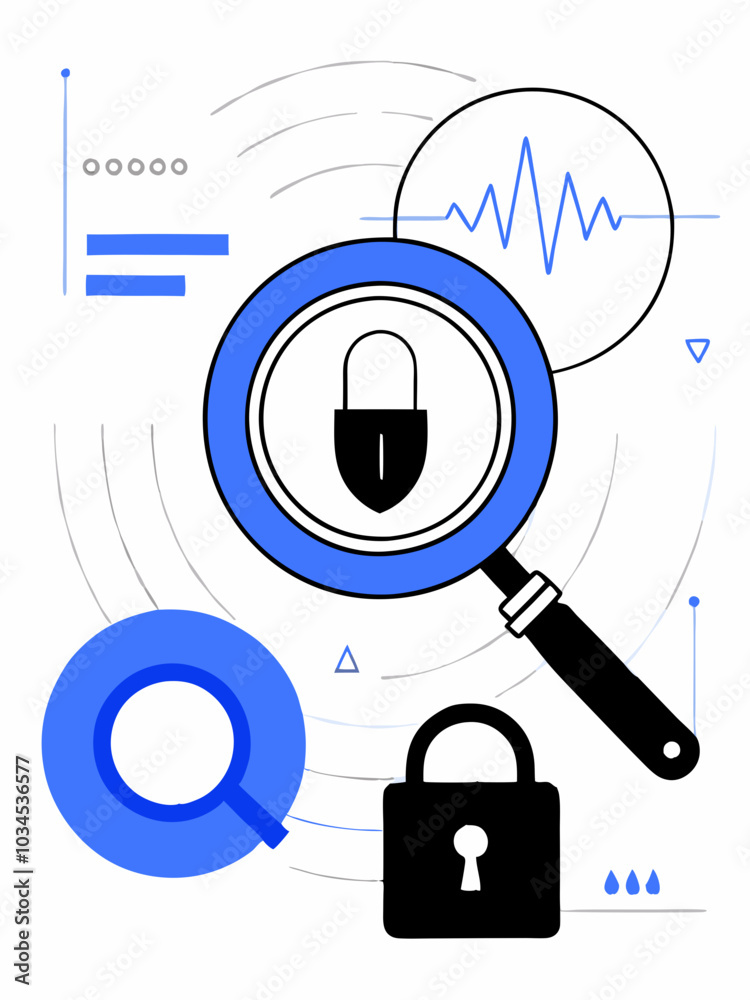 Magnifying glass, blue lock and sound wave. Ideal for analysis, security, investigation, research and data protection. Simple minimalistic style
Magnifying glass, blue lock and sound wave. Ideal for analysis, security, investigation, research and data protection. Simple minimalistic style