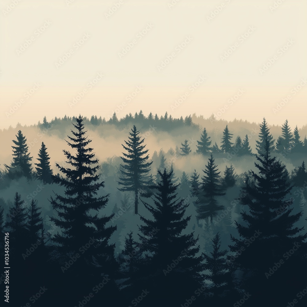 Fototapeta premium Misty landscape with fir forest in vintage retro style. generative ai.