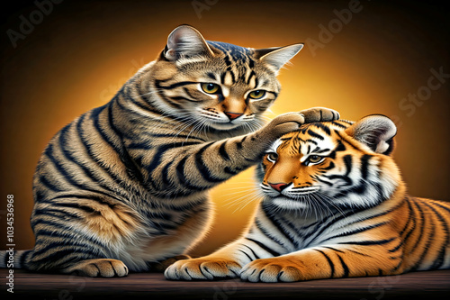 A cat petting the head of a miniature tiger with its paws.