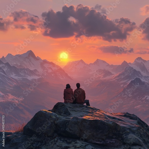 Happy couple watching the sunset in the mountains.