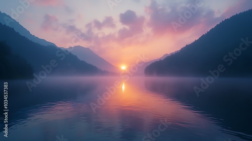 A colorful serene sunrise over a misty mountain range with a calm lake on the natural background