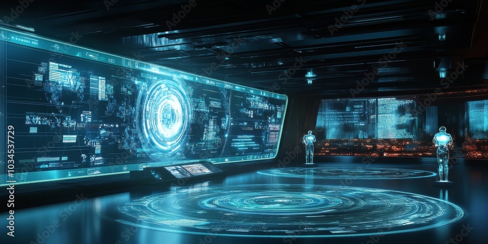 Futuristic digital communication hub, holographic displays Futuristic digital communication hub, holographic displays