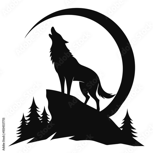 A wolf howling on a hilltop black and white silhouette