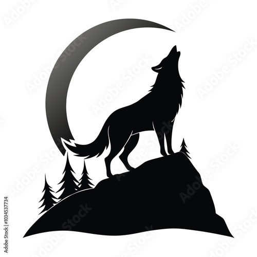 A wolf howling on a hilltop black and white silhouette