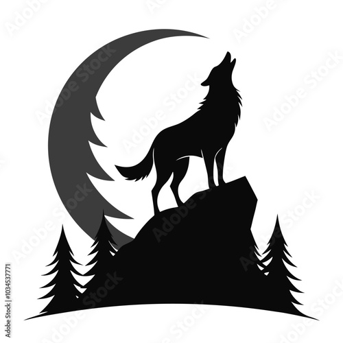 A wolf howling on a hilltop black and white silhouette