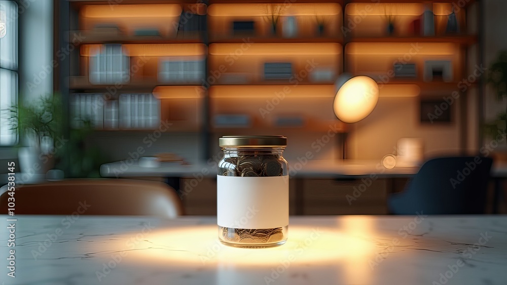 Generative, AI, A jar with coins on a marble surface, warm lighting, cozy interior background, empty label for branding.
Generative, AI, A jar with coins on a marble surface, warm lighting, cozy interior background, empty label for branding.