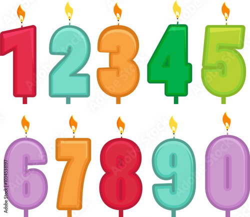 Number candles cartoon set. Birthday age elements