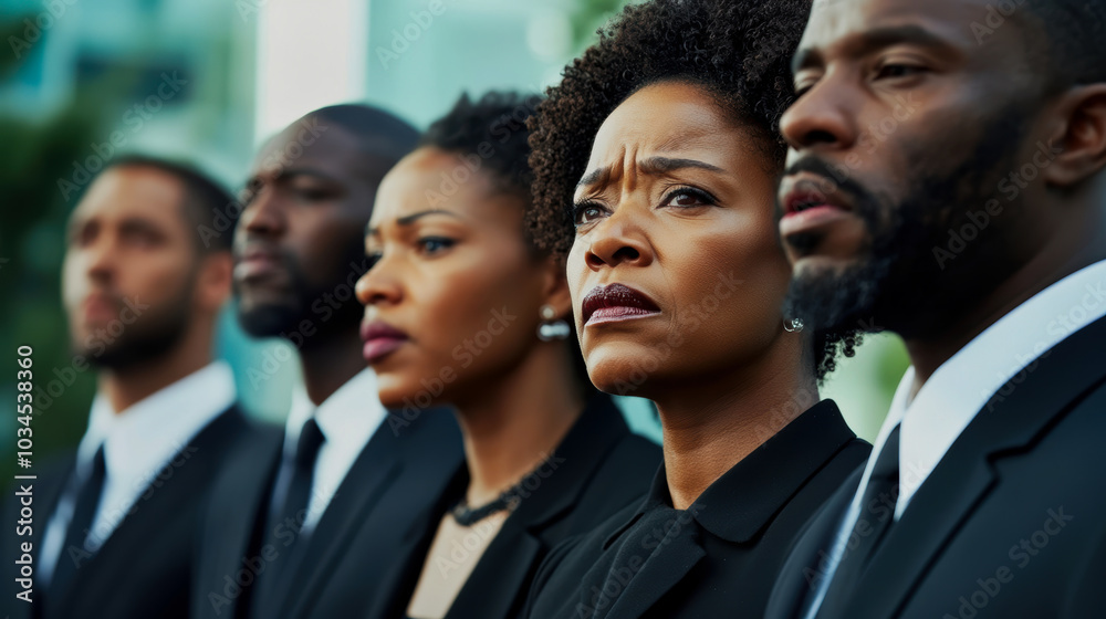 Group of mourners in formal attire at an outdoor funeral Group of mourners in formal attire at an outdoor funeral