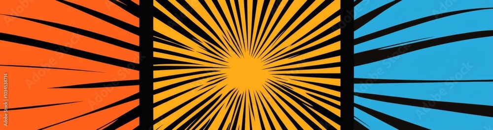 Fototapeta premium Set of three comic book-style rays in orange, blue, and black color palette