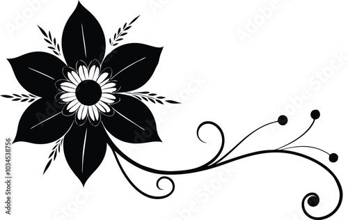 Stylized floral silhouette, with a large black flower and spiraling vines growing in the corner