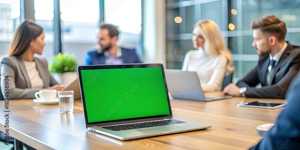 Laptop display with green screen background on an office desk while