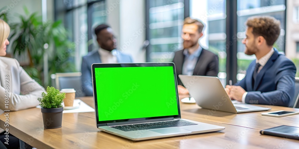 Laptop display with green screen background on an office desk while people attend a business meeting. Isolated mockup template with blank chroma key and free space on computer monitor. Closeup. Laptop display with green screen background on an office desk while people attend a business meeting. Isolated mockup template with blank chroma key and free space on computer monitor. Closeup.