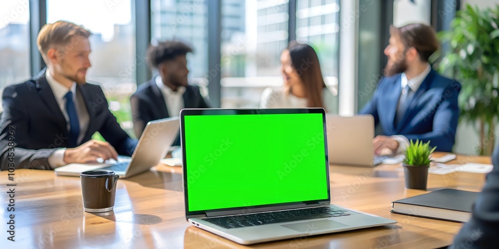Laptop display with green screen background on an office desk while people attend a business meeting. Isolated mockup template with blank chroma key and free space on computer monitor. Closeup. Laptop display with green screen background on an office desk while people attend a business meeting. Isolated mockup template with blank chroma key and free space on computer monitor. Closeup.