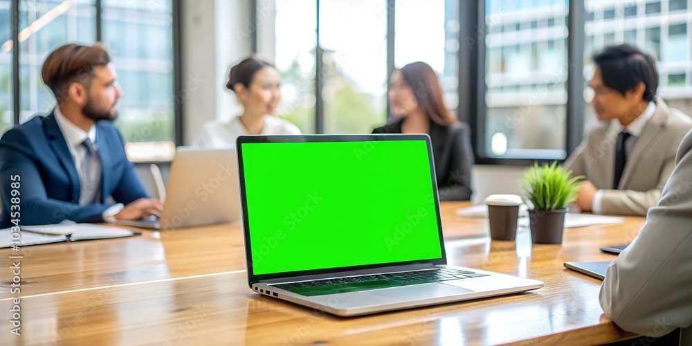 Laptop display with green screen background on an office desk while people attend a business meeting. Isolated mockup template with blank chroma key and free space on computer monitor. Closeup. Laptop display with green screen background on an office desk while people attend a business meeting. Isolated mockup template with blank chroma key and free space on computer monitor. Closeup.