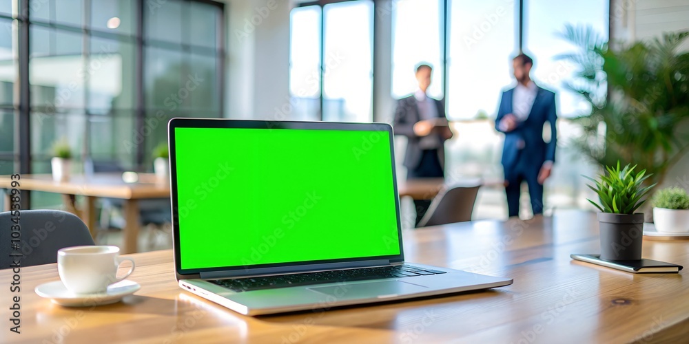 Laptop display with green screen background on an office desk while