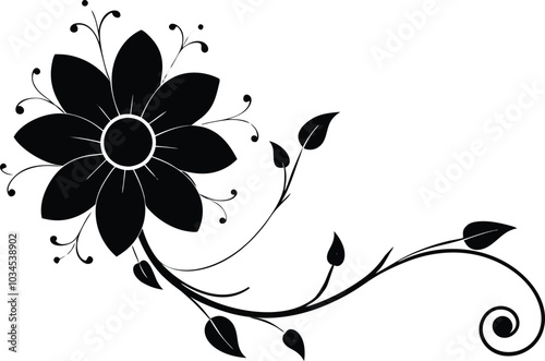 Stylized floral silhouette, with a large black flower and spiraling vines growing in the corner