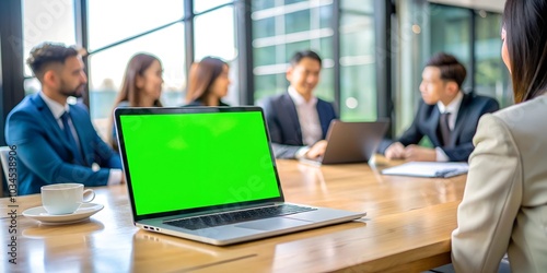 Laptop display with green screen background on an office desk while people attend a business meeting. Isolated mockup template with blank chroma key and free space on computer monitor. Closeup.	